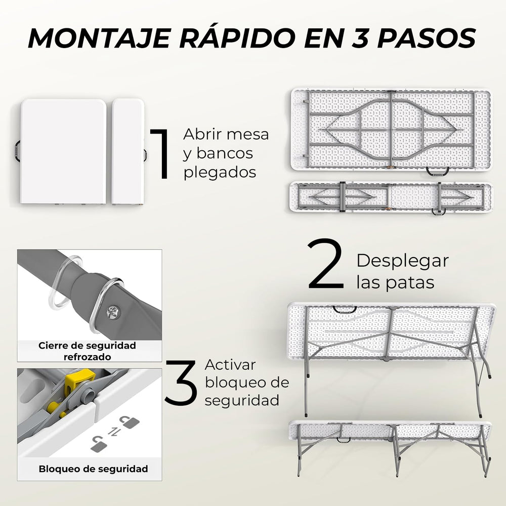 Conjunto de mesa plegable 180 cm con 2 bancos