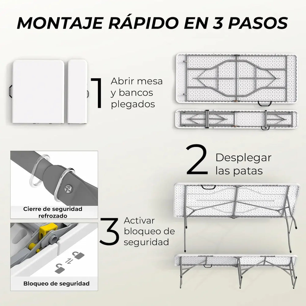 Conjunto de mesa plegable 180 cm con 2 bancos