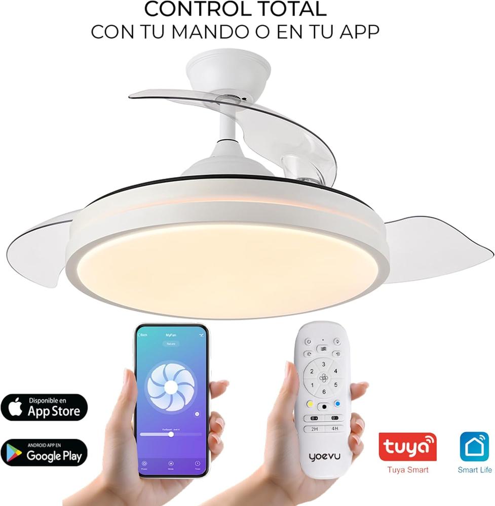 YOEVU - EOS - Ventilador 72w 6120lm Blanco 3 Aspas retractiles 32/47x55/108 D. WIFI - ALEXA - GOOGLE HOME - 3 Colores Control remoto + temporizador - dimable