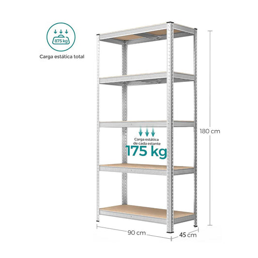 YOEVU | ESTANTERÍA METÁLICA 180X90X45 CM | ACERO GALVANIZADO | ESTANTERÍA Y BANCO DE TRABAJO | 875KG DE CARGA | 5 ESTANTES AJUSTABLES | PARA  ALMACEN | COMERCIO | GARAJE