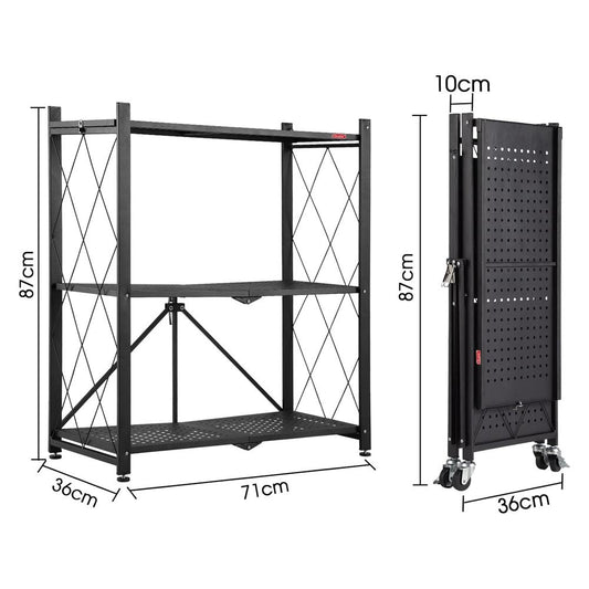 YOEVU- ESTANTERÍA METALICA PLEGABLE SIN INSTALACIÓN DE 3 NIVELES CON RUEDAS BLOQUEABLES Y ALTA CAPACIDAD DE ALMACENAMIENTO - CONSTRUCCIÓN ROBUSTA Y MULTIFUNCIONAL