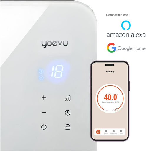 Yoevu | Radiador Eléctrico Bajo Consumo | 2000W | Programable | alexa y google home I | Termostato Regulable | Soporte Con Ruedas | Resistencia Ip24 | Protección Sobrecalentamiento | Cristal Blanco